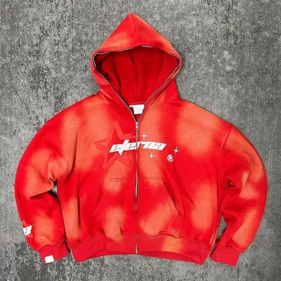 100% Baumwolle Schwergewichts Hoodie Vintage Säure Waschen Sonne verblasste Puff Drucken Vollverschluss
