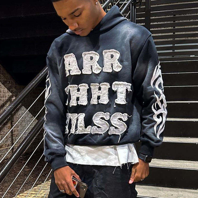 Vintage Sonne verblasste Säure Waschen Bedrängte Patch Applique Stickerei beschnitten Hoodie Männer Schnitt Top Sweatshirt