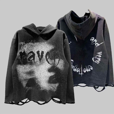Dtg Pullover Kapuzenpullover Säure Waschen Bedrängt zerrissen Roh Hem Crop Kapuzenpullover Männer Nadeldetektion Stoff 500 Gramm