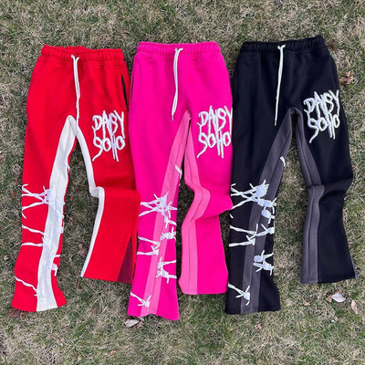 Männer schwarze ausgebreitete Sporthosen leere 3D Puff Druck Casual tägliches Leben Säure Waschen Französisch Terry