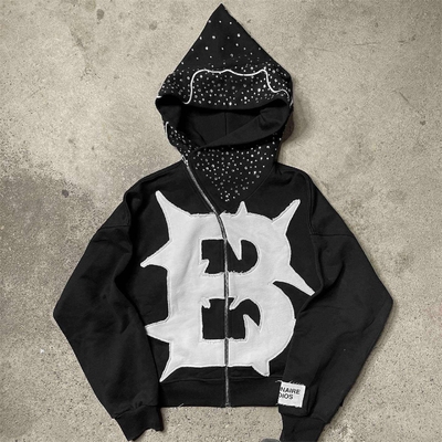 Custom Y2k Französisch Terry Patch Arbeit Schnitt Abgeschnitten Hoodie in Waschen Distressed Stil