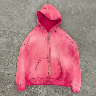 Säurewaschen Reißverschluss Hoodie Männer Frauen 500gm Leere rosa Säurewaschen Vintage zerrissenes Loch
