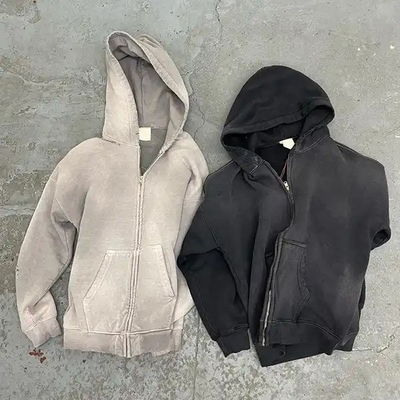 Vintage Männer Säure Waschen Sonne verblasst Bedrängt Voll Zip Up Hoodie Schwergewicht Französisch Terry