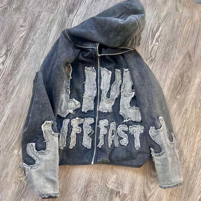 Custom Graphische Reißverschluss Vintage Stickerei Patchwork Etikett Individuelle Etiketten Herren Hoodies