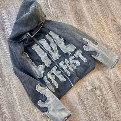 Farbenfrohe Vintage Stickerei Patchwork Hoodie mit vollem Reißverschluss und Distressed Applique