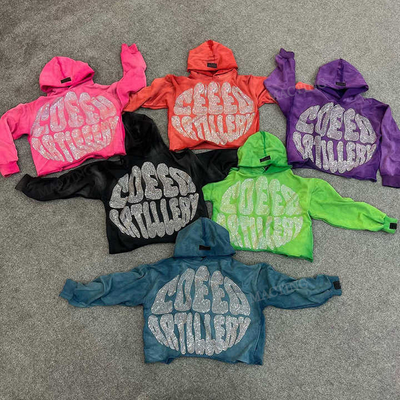 Männer Vintage übergroße Säure gewaschen Zip Up Roh Hem Strass geschnitten Hoodie anpassbar