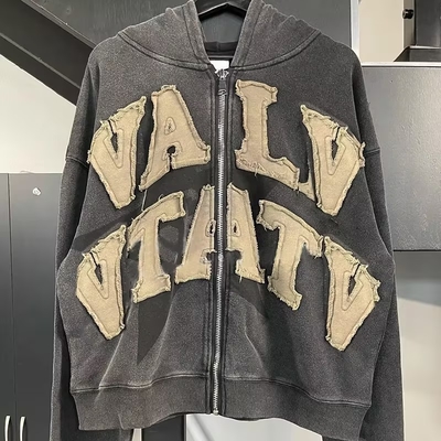 450 Gsm Schwergewicht Französisch Terry Vintage Säure Waschen Bedrängte Patch Stickerei Pullover Hoodie
