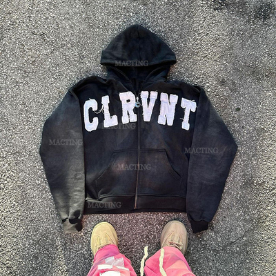 Custom Logo Straßenbekleidung 400gm Stein Waschen Reißverschluss Hoodie in Grau mit Distressed Patch