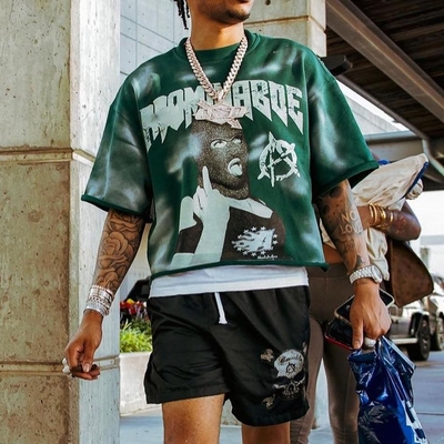 Streetwear für Männer Vintage Säure Waschen Sonne verblasst Roh Hem boxy fit Crop Top T-Shirt