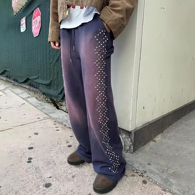Sonnenfade Säure Waschen Custom Jogger Baumwolle Baggy Sweatpants mit Kristall Dekoration