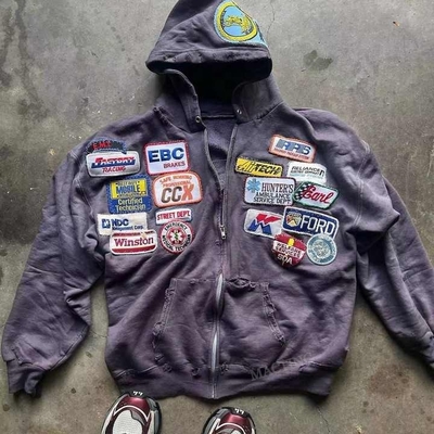 Weichgewichts-Säure-Wäsche-Hoodie für Männer mit Stickerei-Pflaster und Distressed Applique