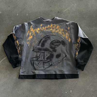 Schwarz gewaschenes T-Shirt mit langem Ärmel T-Shirt für Männer Schwergewicht T-Shirt mit Säurewasch Hip Hop Stil