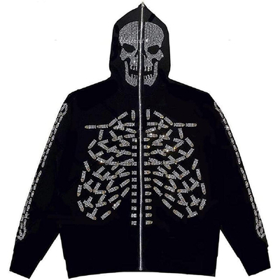 800 Gramm Kapuzen-Zip-Up-Sweatshirt Herren gotische Strass-Schädel-Grafik-Druck-Jacke
