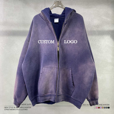 Vintage Säure Waschen Sonne verblasst Bedrängte Reißverschluss Hoch Blank Hoodie für Custom Logo Streetwear