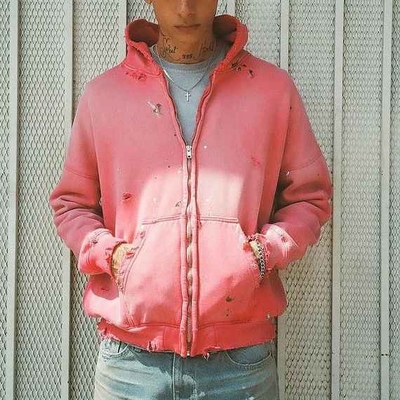 Solid Custom Damen 400 gsm Baumwolle übergroße rosa Säure Waschen Vintage Notgeschlagenen geschnittenen Zip Up Hoodie