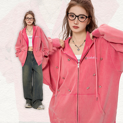 Custom Y2k Girls Rhinestone Bling Star Zip Up Hoodies in S-6XL oder benutzerdefinierte Größe