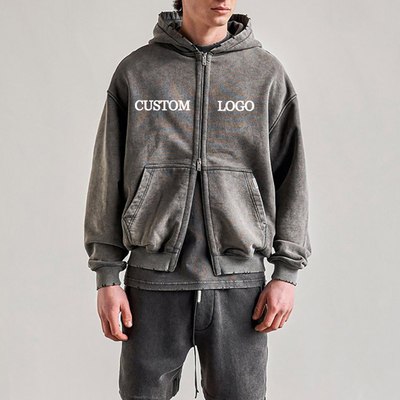 Straßenkleidung Streitgeschnittenes Gewaschenes Custom Hoodies Baumwolle Doppel Reißverschluss Hoodie für Männer
