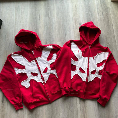 WASHED Custom 500 Gsm Streetwear Schwergewicht Französisch Terry Vintage Säure Waschen Bedrängtes Patch Applique Stickerei Reißverschluss Hoodie