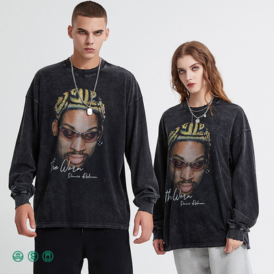 Männer Hip Hop Säure Waschen Crew-Hals Sweatshirt sportlich schwarz Distressed Vintage T-Shirt Terry Stoff