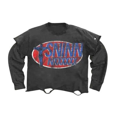 T-Shirts mit langen Ärmeln Vintage Waschen Riss 250Gsm T-Shirt Doppelschicht 100 Baumwolle