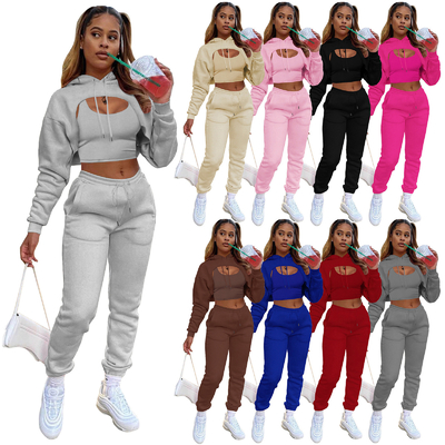 Druckte rosa Frauen-Sportanzüge 3 Stück Set Crop Top Hoodie und Jogger Schnitt Hoodies