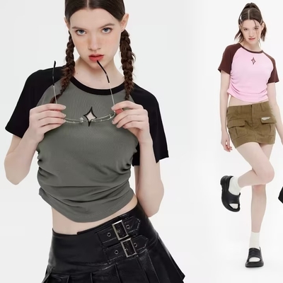 Amerikanische Retro Straßenstiche Kontrastfarbe Y2K T-Shirt Sommer