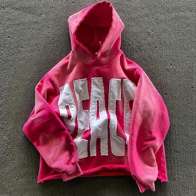 Männer Säurewaschen Hoodie übergroße Sweatshirt Stickwerk Patch Arbeit Bedrängte Hooded Pullover Hoodie für Männer