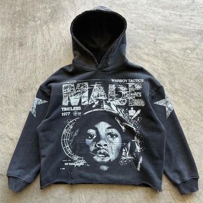 Direkt zum Bekleidungsstück gedruckte Kapuzenhoodies geschnittenen Kapuzenhoodies Männer Französisch Terry Flocking Stickerei Säure Waschen