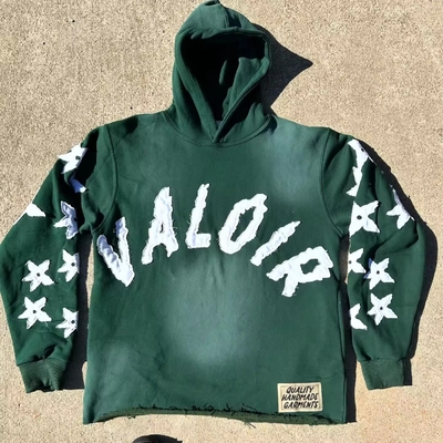 Vintage Applique Distressed Hoodie Pullover Säurewasch geschnitten Sweatshirt Sonne verblasst Geschnitten Säurewasch geschnitten
