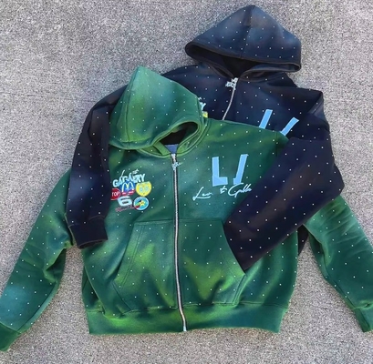 Vintage Sonne verblasste Säure Waschen Patch Stickerei Strass Boxy Fit geschnitten Zip Up Hoodie für Männer Regelmäßige Ärmel