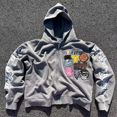 Herbst Custom Männer Stein Säure Waschen beschnitten Boxy gestickt Reißverschluss Hoodie gestickt Vintage Sweatshirts