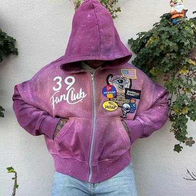 Rot schwarz Sonne verblasste Reißverschluss Hoodie Boxy Schwergewicht 450Gsm Bildschirmdruck Patch Stickerei