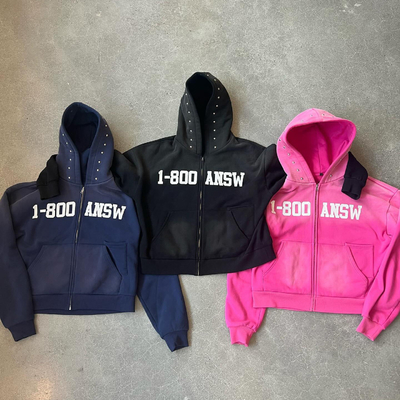 Zusammengepasste Säure Waschen Sonne verblasste Rivet Strass geschnitten Boxy Fit Reißverschluss Hoodie Baumwolle Schwergewicht 400gsm