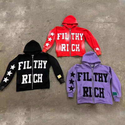 Broderie Paar Hoodies Herbst Streetwear 400gm Baumwolle Patches Säure Waschen Sonne verblasst Reißverschluss Aufgeschnitten Hoodie