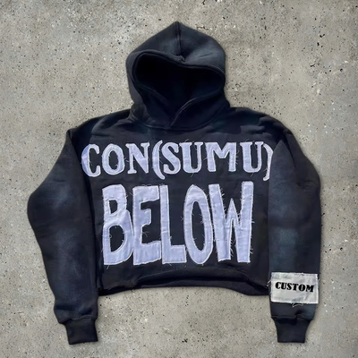 100 Baumwoll-Hoodies für Männer Terry Cut Raw Hem Stickerei Applique Sonne verblasste Säure Waschen