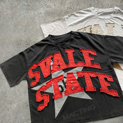 Custom Summer Heavyweight Vintage Distressed Patch Stickerei Säure Waschen Baumwolle T-Shirt Männer