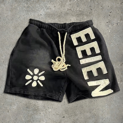 Säurewasch-Baumwollshorts Sonne verblasst Französisch Terry Patch Stickerei Distresses Vintage
