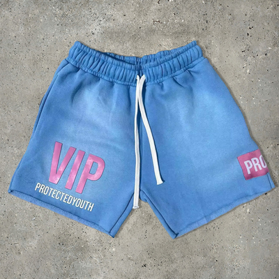 Puff-Druck kurze Säure gewaschene Shorts Blau Schnitt Roh Hem Baumwolle Fleece Reißverschluss Taschen Straßenbekleidung Schweiß