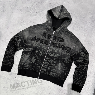 Volldruck Vintage Distressed Applique Stickerei Hoodie 800 Gramm Stoffgewicht