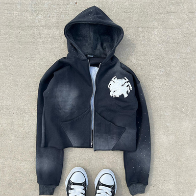 Zip-Up-Säure-Wasch-Hoodies Bedrängte Stickerei Applique Custom Französisch Terry Crop Top
