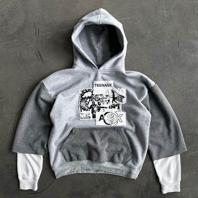 Grauer Pullover für Männer mit Patchwork-Embroiderung und Waffelschuhe