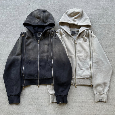 Custom Patch Triple Zip Up Schwergewicht Französisch Terry Verblichen Säure Waschen Hoodie
