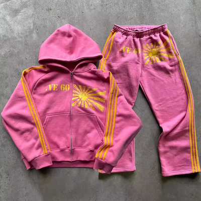 Custom Screen Printing Logo Streifen Trainingsanzug Vintage Säure gewaschen Zip Up Hoodie Und Jogger Schweiß Hosen