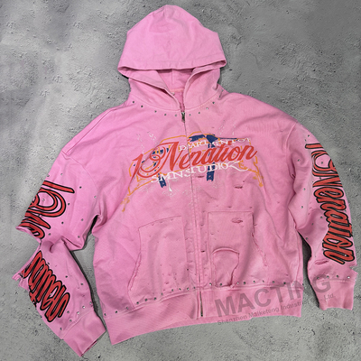 Custom Rhinestone Stuffed 100% Baumwolle 500 Gsm Schwergewicht Zip Up Vintage geschnitten Distressed Acid Wash Hoodie