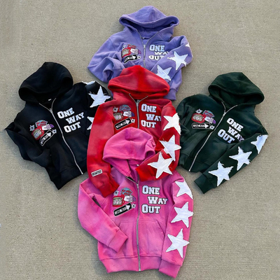 Acid Wash Französisch Terry Hoodie Custom Streetwear Boxy Cropped Distressed Vintage Stickerei Patch Zip Up Hoodie