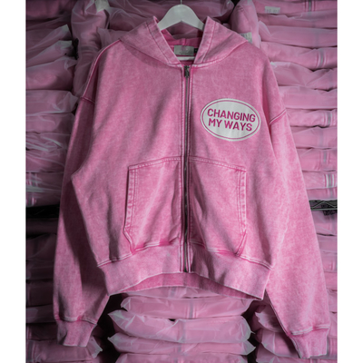 Custom Pink Schneewäsche Distress Broderie Patch Schwergewichts Box Fit Drop Schulter 100% Baumwolle geschnitten Zip Up Hoodie