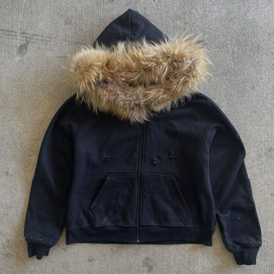Custom Winter Französisch Terry Hoodie mit Pelz Hood Vintage Bio-Baumwolle Männer Zip Up Falsch Pelz Hoodie