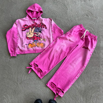 Straßenbekleidung Strass-Zip-Up Hoodie Schweißhosen Set Säure Waschen Mann Trainingsanzug Sonne verblasste Männer-Sweatsuit
