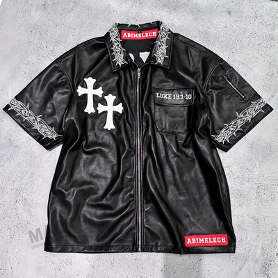 Custom Hip Hop Männer Patch Stickerei Not T-Shirt Männer Reißverschluss Up Box Fit Kurzärme Pu Leder T-Shirt