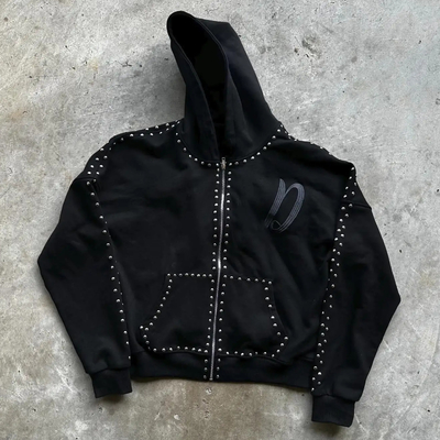 Custom Streetwear Boxy Fit Französisch Terry 100% Baumwolle Reißverschluss Up Rivet Stuffed Strass Männer Hoodies